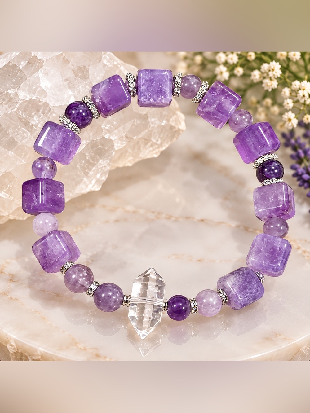 💜 Handmade Amethyst & Clear Quartz Statement Bracelet 💜